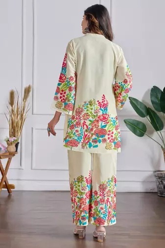 Off white floral printed mandarin collar cotton top with trouser