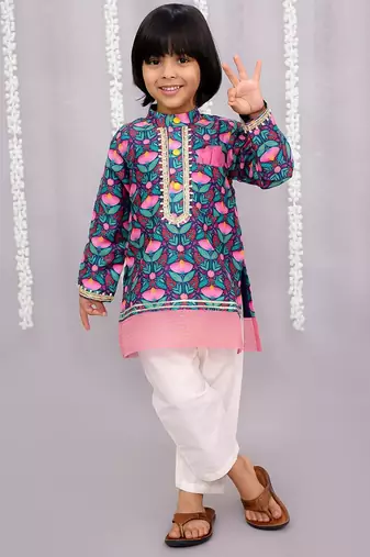 Blue printed cotton silk kurta pyjama