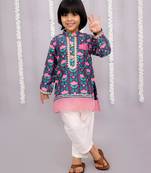 Blue printed cotton silk kurta pyjama