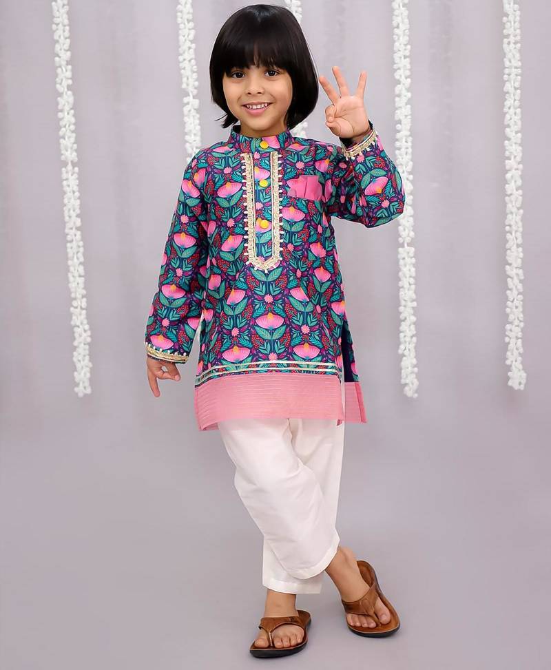 Blue printed cotton silk kurta pyjama