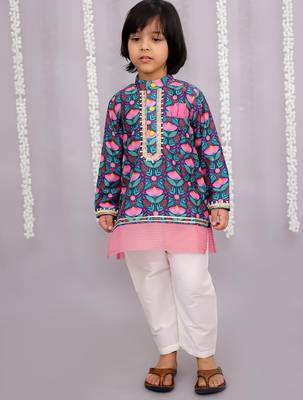 Blue printed cotton silk kurta pyjama 2