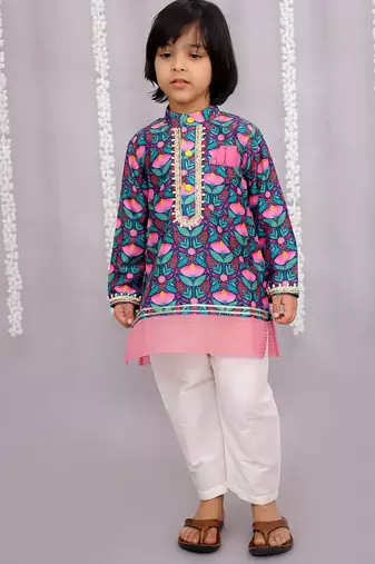 Blue printed cotton silk kurta pyjama