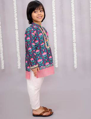 Blue printed cotton silk kurta pyjama 3