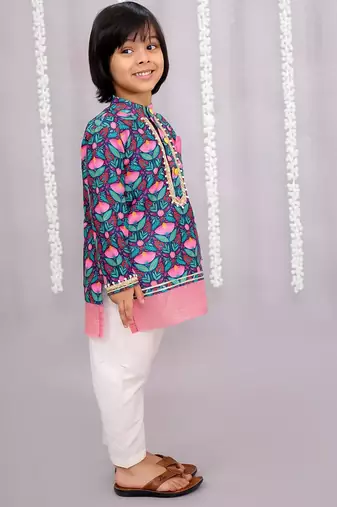 Blue printed cotton silk kurta pyjama