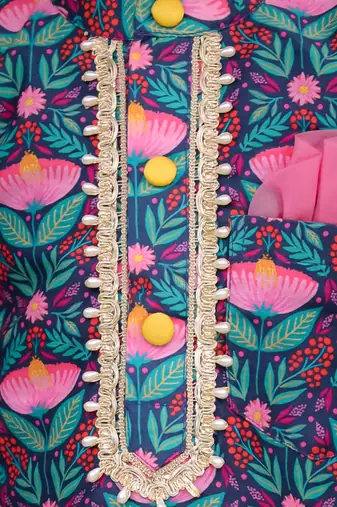 Blue printed cotton silk kurta pyjama