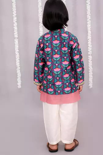 Blue printed cotton silk kurta pyjama