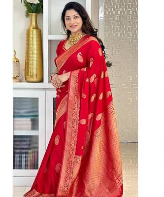 Red color silk blend saree with blouse 1