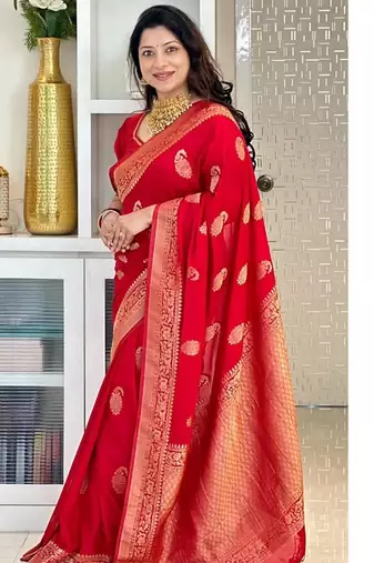 Red color silk blend saree with blouse