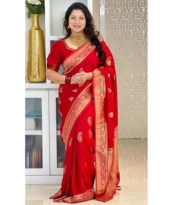 Red color silk blend saree with blouse 2