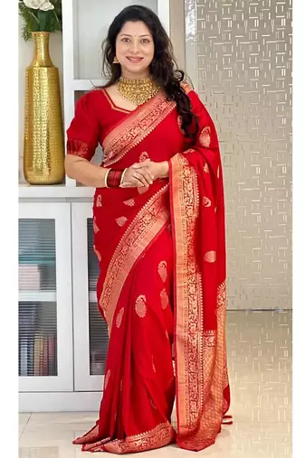 Red color silk blend saree with blouse