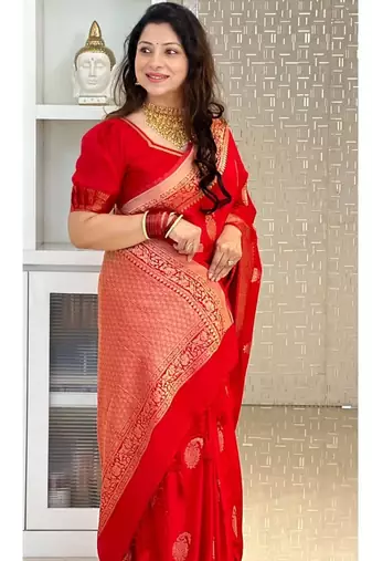 Red color silk blend saree with blouse