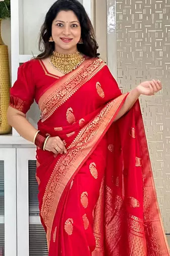 Red color silk blend saree with blouse