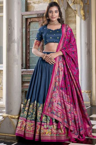 blue tussar Silk Lehenga Choli with Prints & Foil Work 