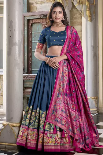 blue tussar Silk Lehenga Choli with Prints & Foil Work 