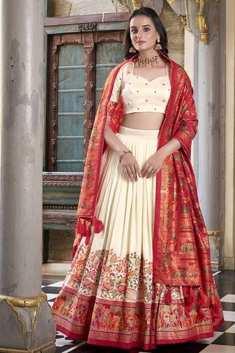 off white tussar Silk Lehenga Choli with Prints & Foil Work 