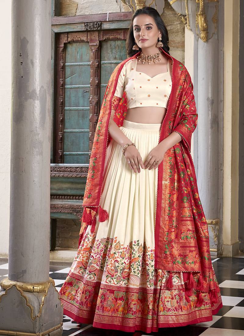 off white tussar Silk Lehenga Choli with Prints & Foil Work 