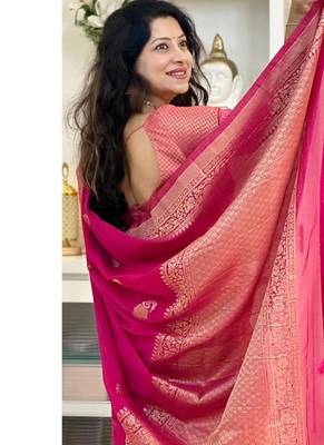 Pink color silk blend saree with blouse 2