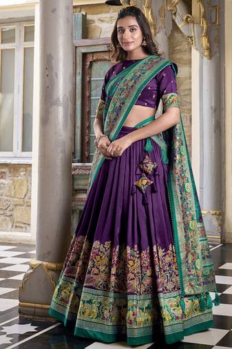 purple tussar Silk Lehenga Choli with Prints & Foil Work 