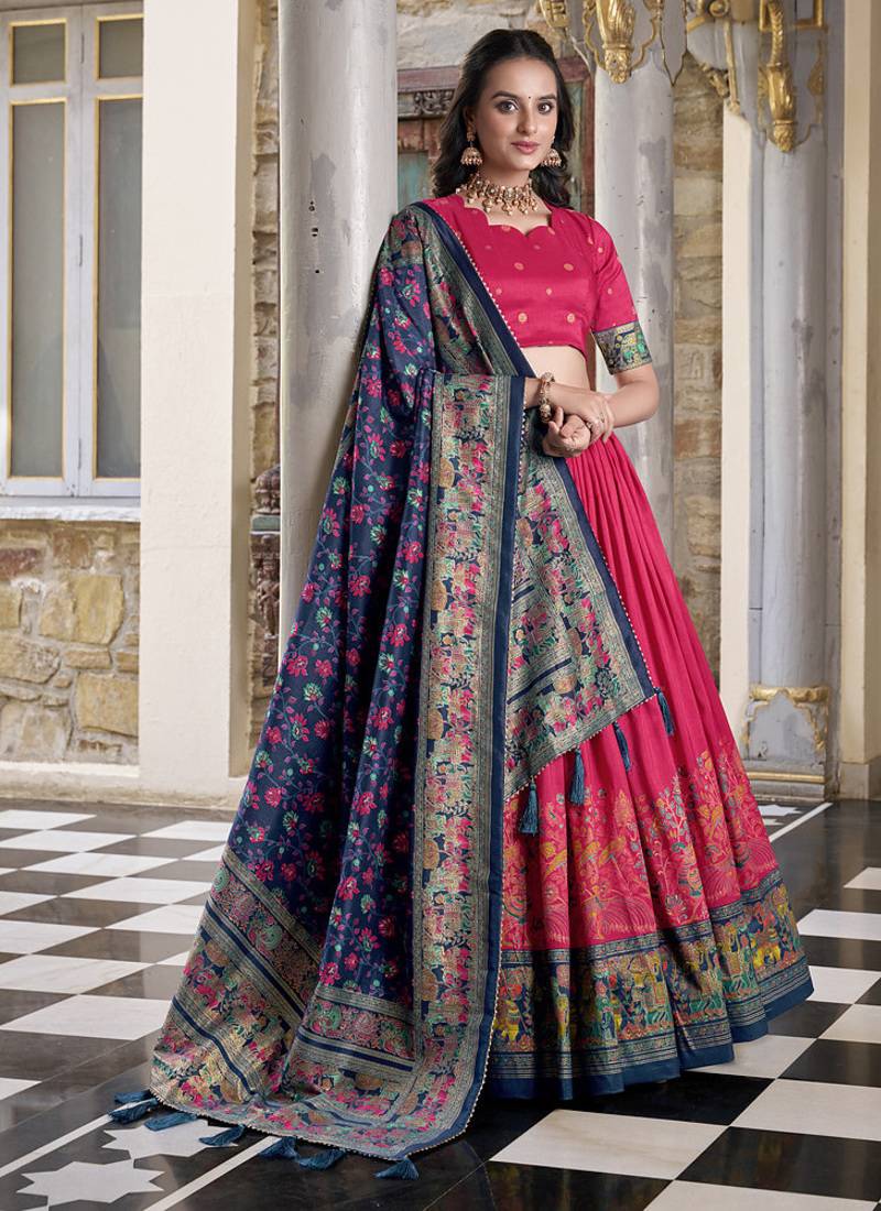 pink tussar Silk Lehenga Choli with Prints & Foil Work 