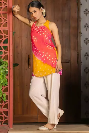 Rani Yellow Bandhej Kurta Set Party Wear Kurta With Bottom