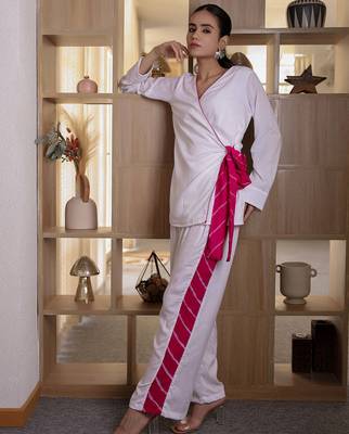 White embroidered Cord Set Party Wear Cord Set With Leheriya Strip 1