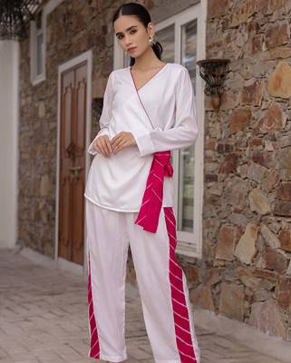 White embroidered Cord Set Party Wear Cord Set With Leheriya Strip 2
