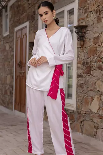 White embroidered Cord Set Party Wear Cord Set With Leheriya Strip