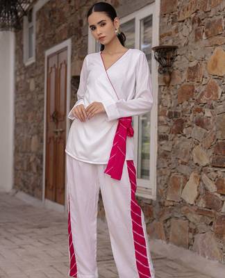 White embroidered Cord Set Party Wear Cord Set With Leheriya Strip 3