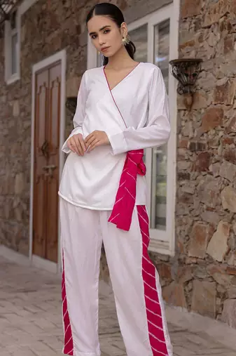 White embroidered Cord Set Party Wear Cord Set With Leheriya Strip