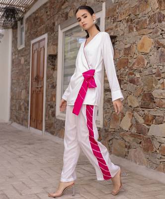 White embroidered Cord Set Party Wear Cord Set With Leheriya Strip 4
