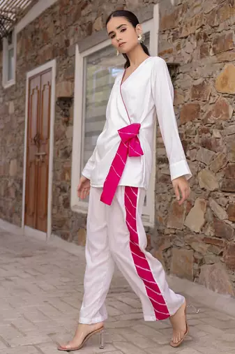 White embroidered Cord Set Party Wear Cord Set With Leheriya Strip