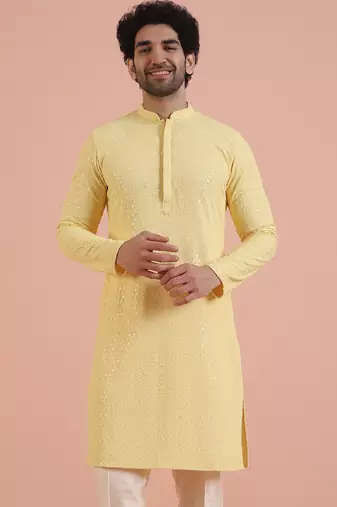 Men's yellow embroidered kurta