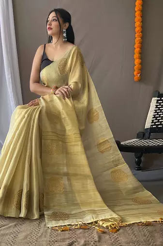 Light Yellow Shimmering Tissue silk blend Saree 