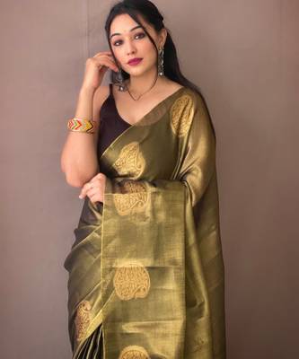 Olive Green Shimmering Tissue silk blend Saree  1
