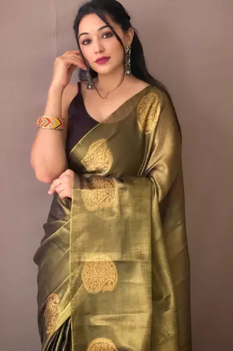 Olive Green Shimmering Tissue silk blend Saree 
