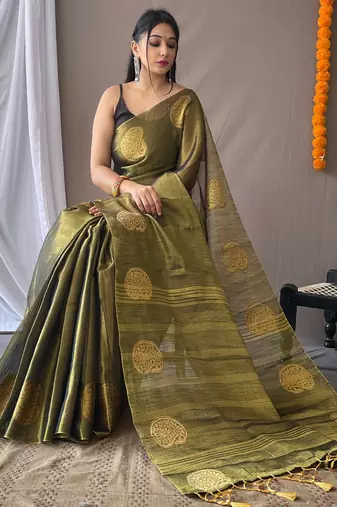 Olive Green Shimmering Tissue silk blend Saree 
