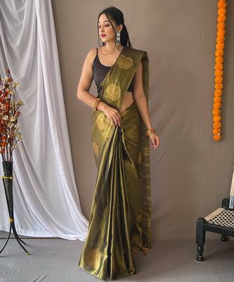 Olive Green Shimmering Tissue silk blend Saree  3