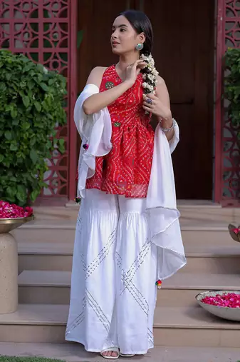 Bandhani Print Red Kurta Set With Bottom Wedding Wear Dress Festival Wear Kurta Set 
