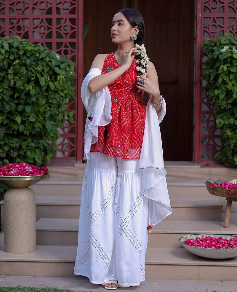 Bandhani Print Red Kurta Set With Bottom Wedding Wear Dress Festival Wear Kurta Set 