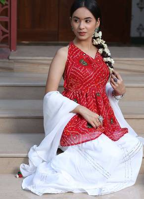 Bandhani Print Red Kurta Set With Bottom Wedding Wear Dress Festival Wear Kurta Set  3