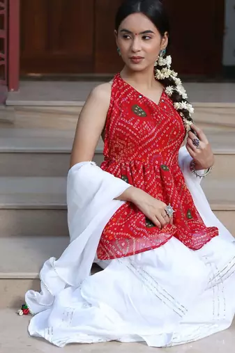 Bandhani Print Red Kurta Set With Bottom Wedding Wear Dress Festival Wear Kurta Set 
