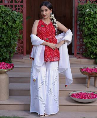 Bandhani Print Red Kurta Set With Bottom Wedding Wear Dress Festival Wear Kurta Set  5