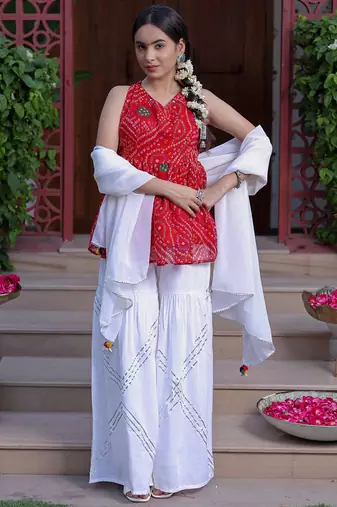 Bandhani Print Red Kurta Set With Bottom Wedding Wear Dress Festival Wear Kurta Set 
