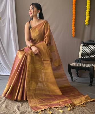 Pinkish Brown Shimmering Tissue silk blend Saree  2