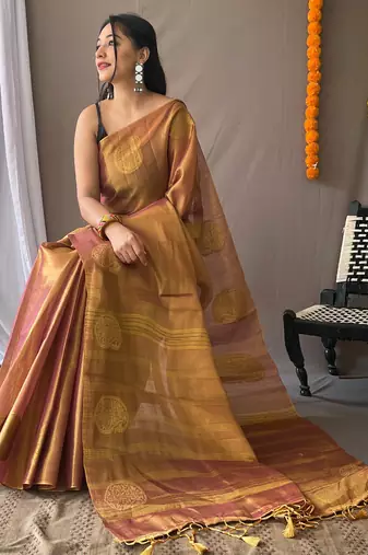 Pinkish Brown Shimmering Tissue silk blend Saree 