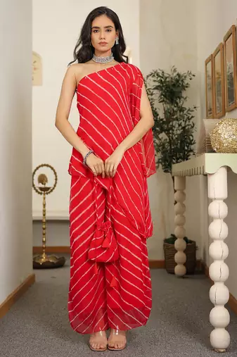 Lorient Red Color Red One Shoulder Kurta Set With Potli Party Wear Dress 
