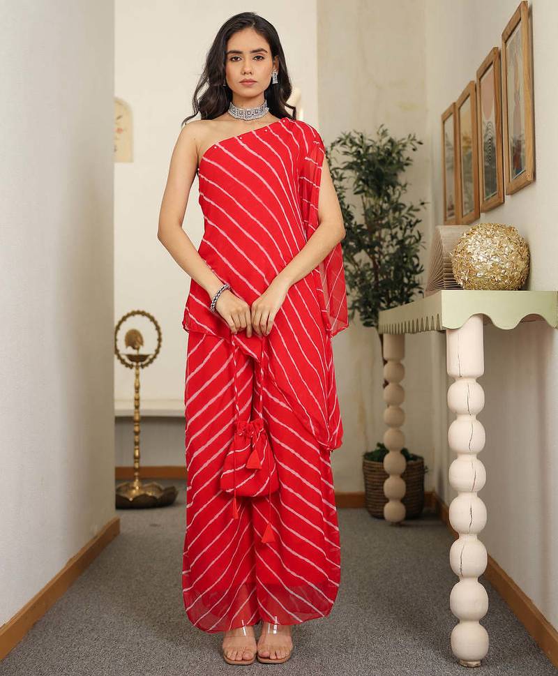 Lorient Red Color Red One Shoulder Kurta Set With Potli Party Wear Dress 
