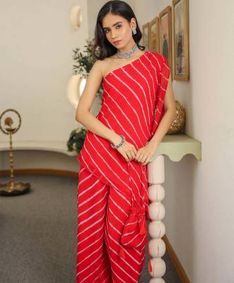 Lorient Red embroidered Red One Shoulder Kurta Set With Potli Party Wear Dress  2