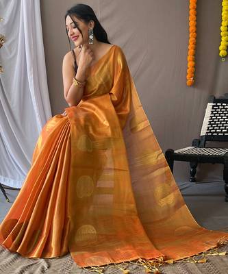 Orange Shimmering Tissue silk blend Saree  2