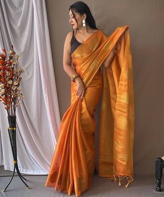 Orange Shimmering Tissue silk blend Saree  3